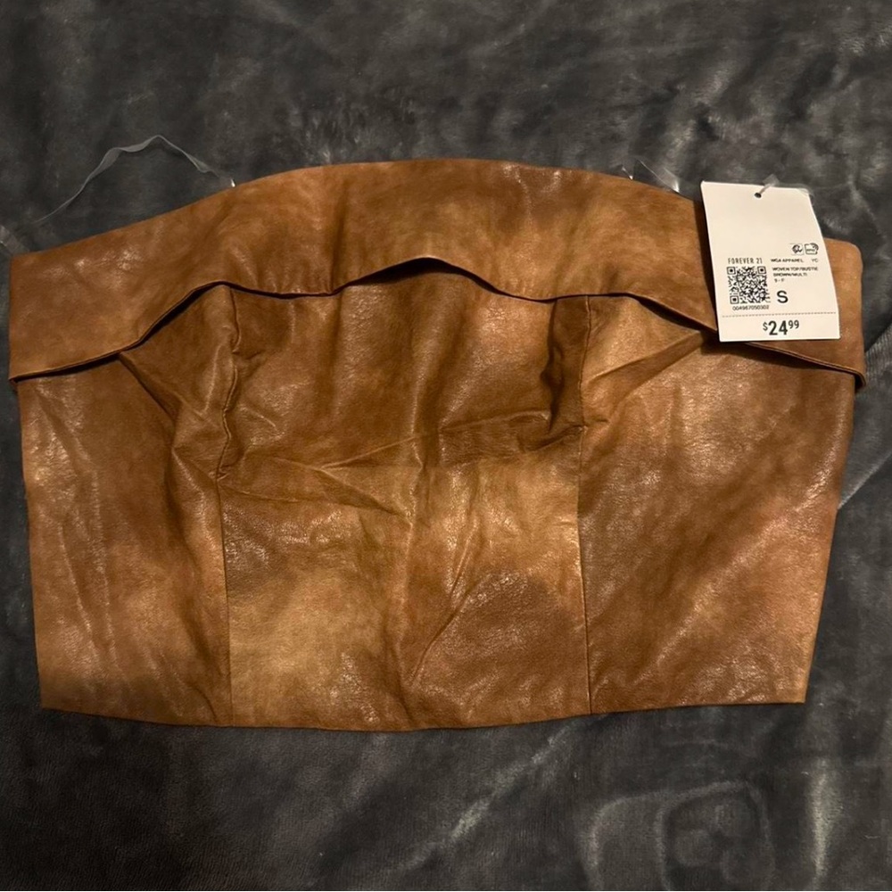 Brown Faux Leather Strapless Top